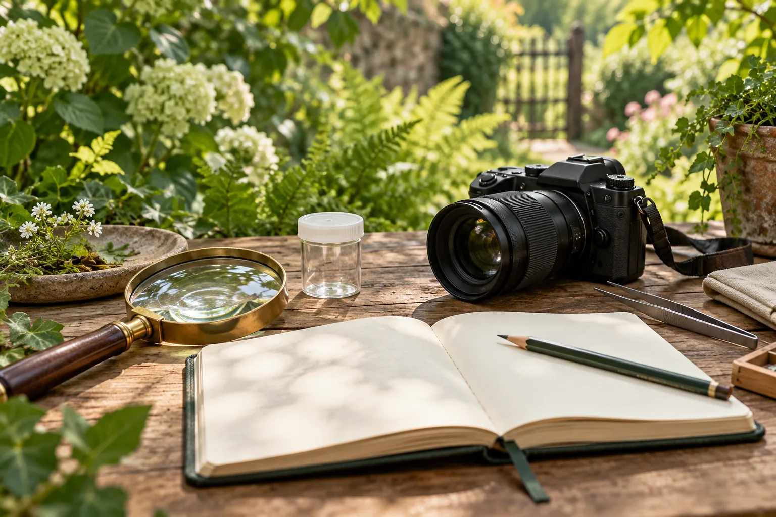 Illustration : Loupe, appareil photo et carnet pour observer un insecte